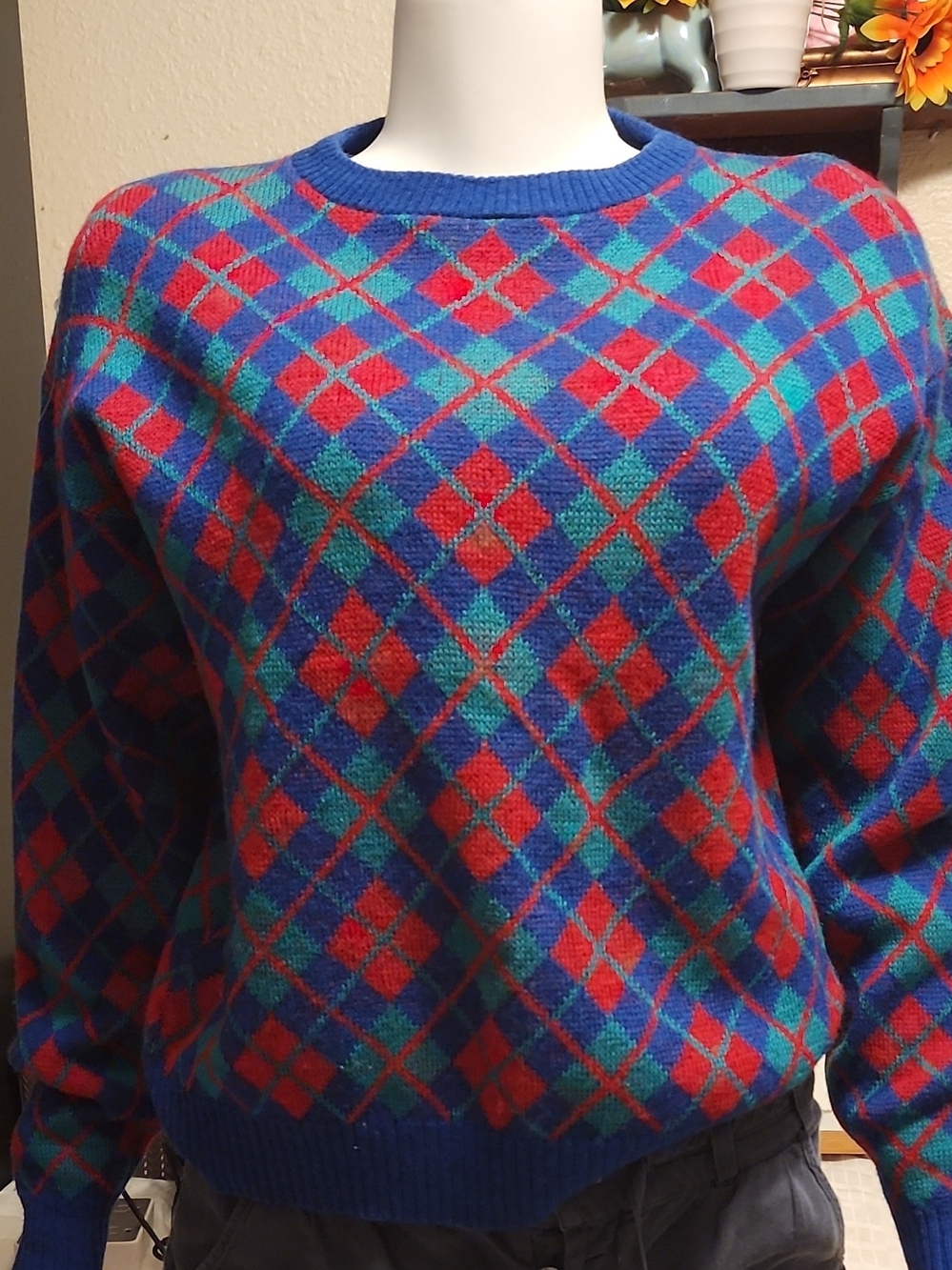Vintage 70s Pendleton Virgin Wool Sweater USA Made Argyle Plaid Crewneck M